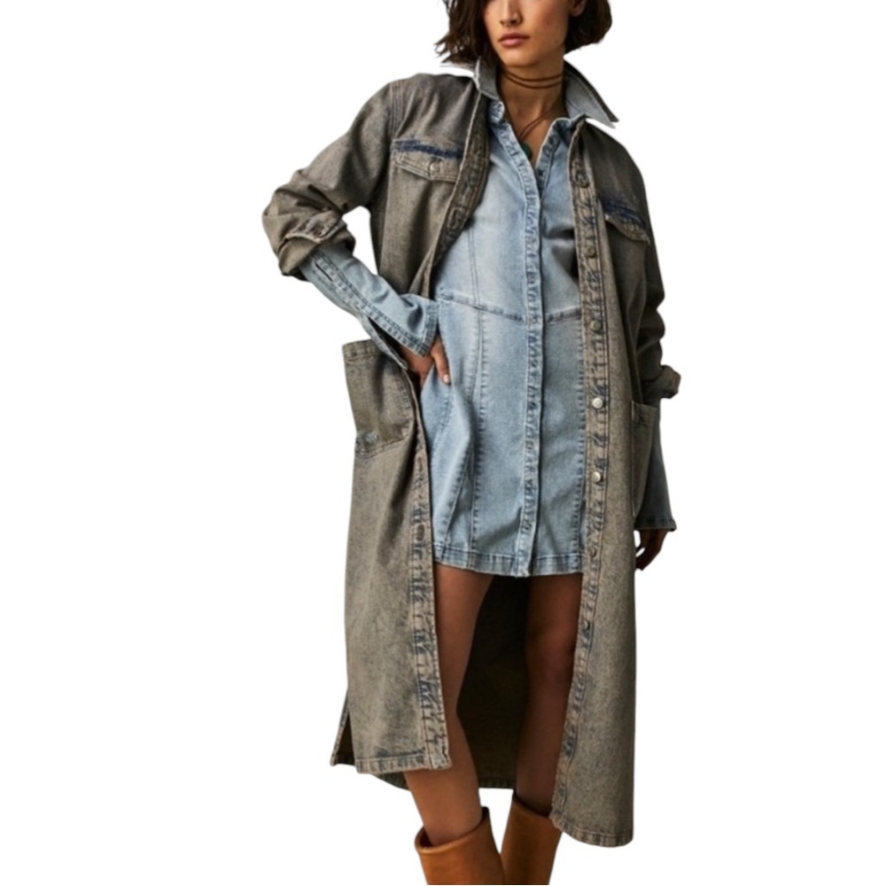 Free People Anna Lou Button Front Denim Longline Dress Duster Jacket Size M